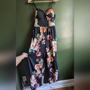 Band of Gypsies Large Floral Jumpsuit with POCKETS Wide Leg Women Boho Hippy